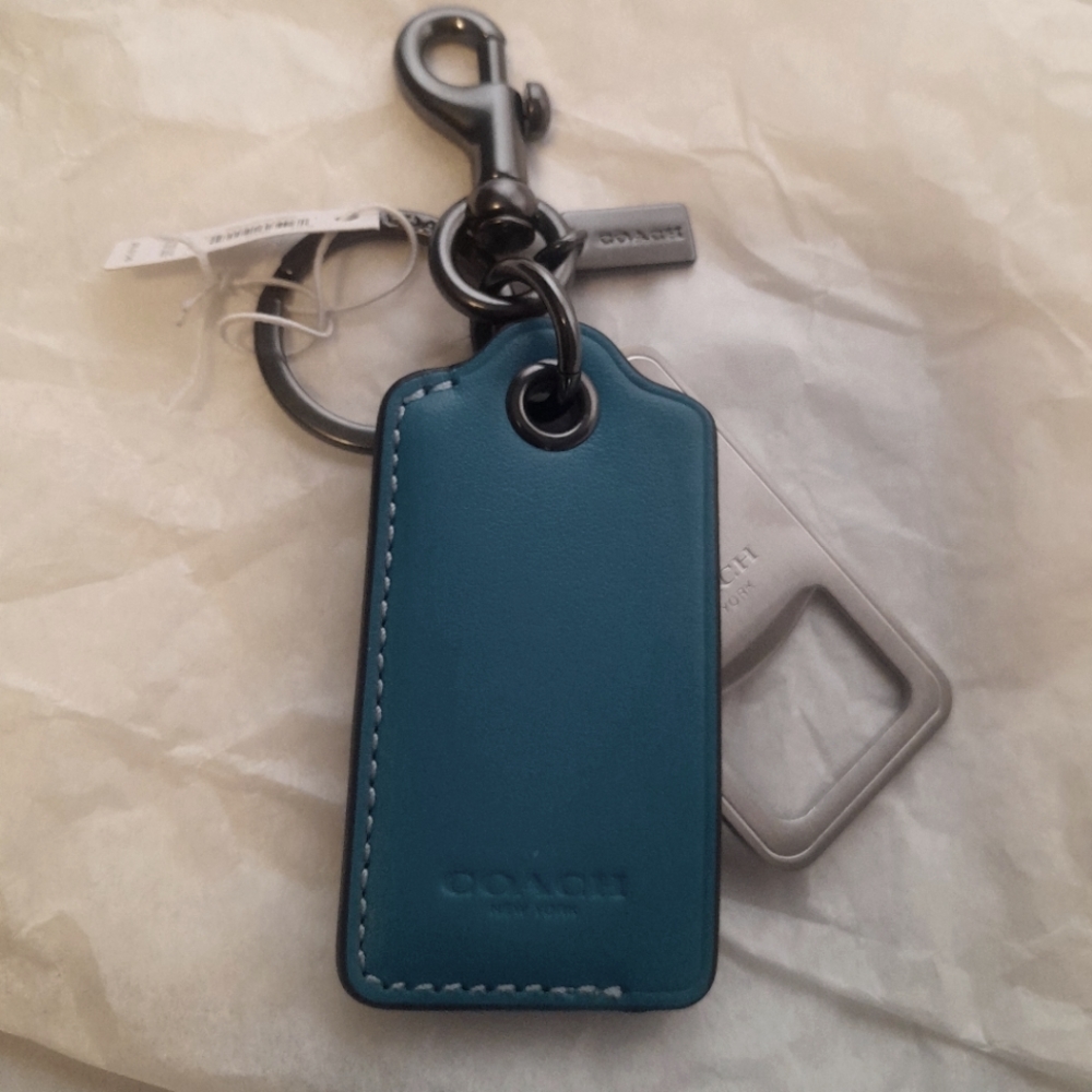 New Coach Bottle Opener KeyRing/With Dog Clip/Gunmental/Bright Blue NWT